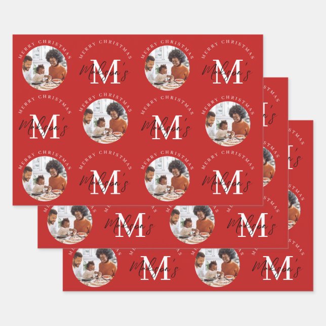 Personalized Merry Christmas Red Monogram Photo Wrapping Paper Sheets (Set)