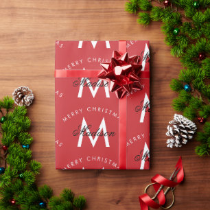 Personalized Merry Christmas Red Monogram Wrapping Paper