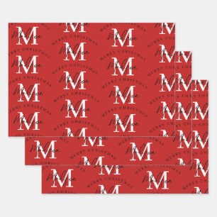 Personalized Merry Christmas Red Monogram Wrapping Paper Sheets