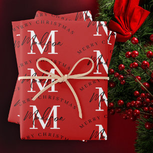 Personalized Merry Christmas Red Monogram Wrapping Paper Sheets
