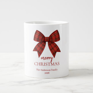 Personalized Merry Christmas | Red Plaid Bow Giant Coffee Mug