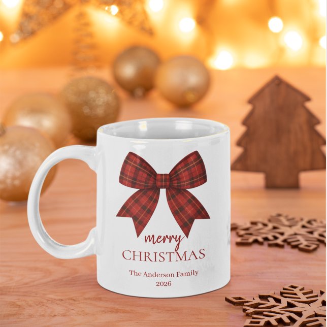Personalized Merry Christmas | Red Plaid Bow Giant Coffee Mug (Creator Uploaded)