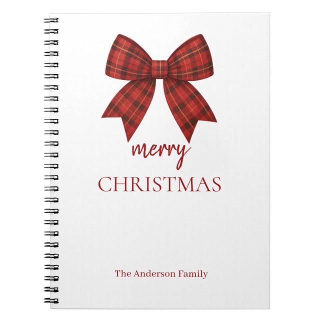 Personalized Merry Christmas | Red Plaid Bow Notebook (Front)