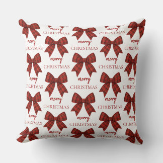 Personalized Merry Christmas | Red Plaid Bow Throw Pillow