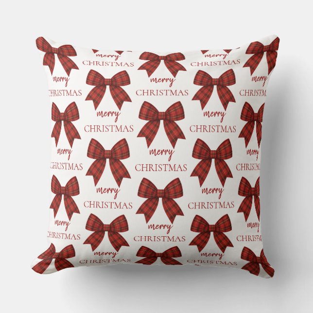 Personalized Merry Christmas | Red Plaid Bow Throw Pillow (Front)
