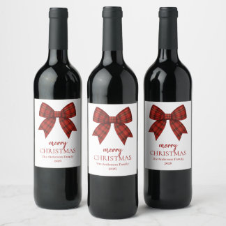 Personalized Merry Christmas | Red Plaid Bow Wine Label