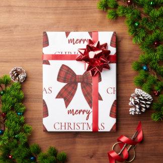 Personalized Merry Christmas | Red Plaid Bow Wrapping Paper