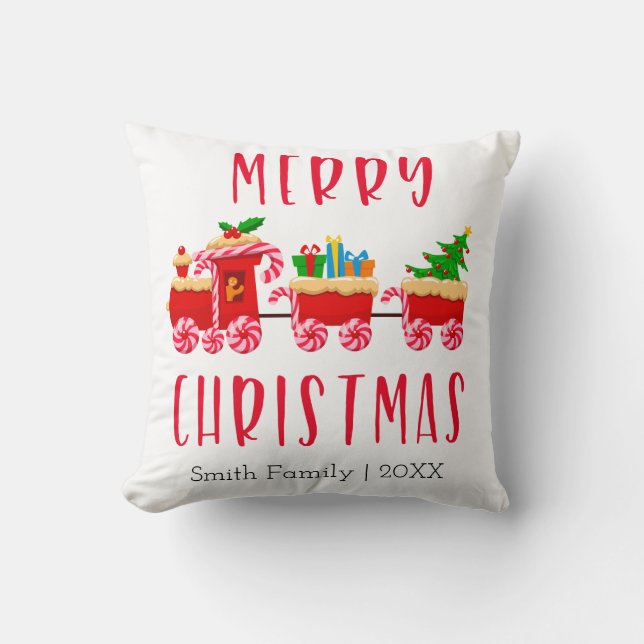 Personalized Merry Christmas Red Train Throw Pillow (Front)