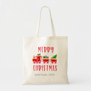 Personalized Merry Christmas Red Train Tote Bag