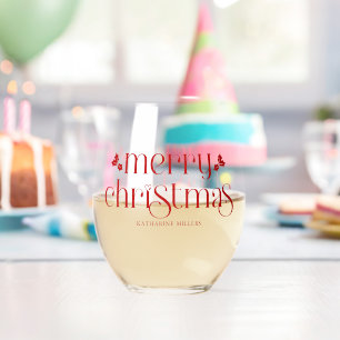 Personalized Merry Christmas Red Typography  Stemless Wine Glass