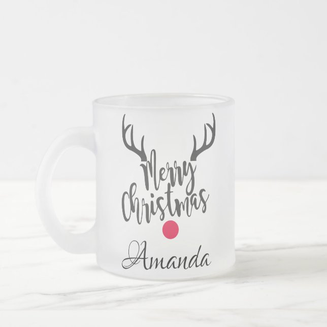 Personalized merry christmas reindeer  frosted glass coffee mug (Left)