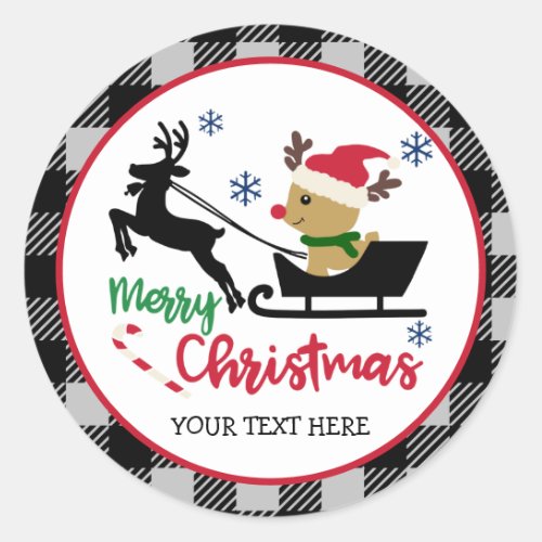 Personalized Merry Christmas Reindeer Santa Sleigh Classic Round Sticker