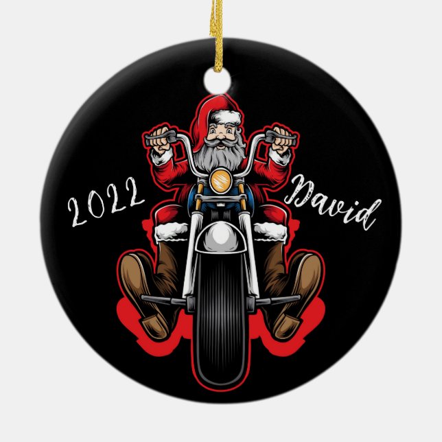 Personalized Merry Christmas Santa Biker Ceramic Ornament (Back)