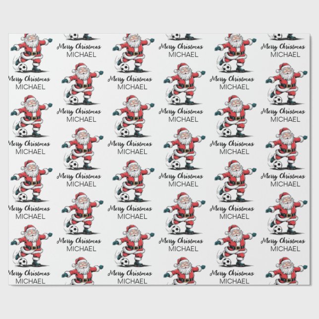 Personalized Merry Christmas Santa Claus Soccer    Wrapping Paper (Flat)
