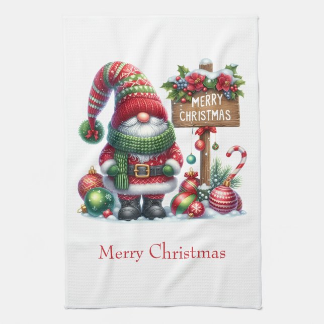 Personalized Merry Christmas  Santa Gnome  Kitchen Towel (Vertical)