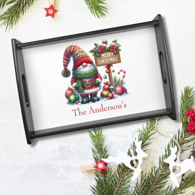 Personalized Merry Christmas  Santa Gnome  Serving Tray (Santa Claus Gnome Personalized Holiday Christmas Serving Tray)