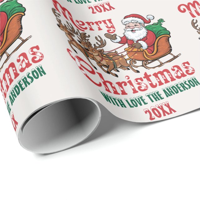 Personalized Merry Christmas Santa Sleigh Reindeer Wrapping Paper (Roll Corner)