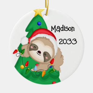 Personalized Merry Christmas Sloth Tree Ceramic Ornament