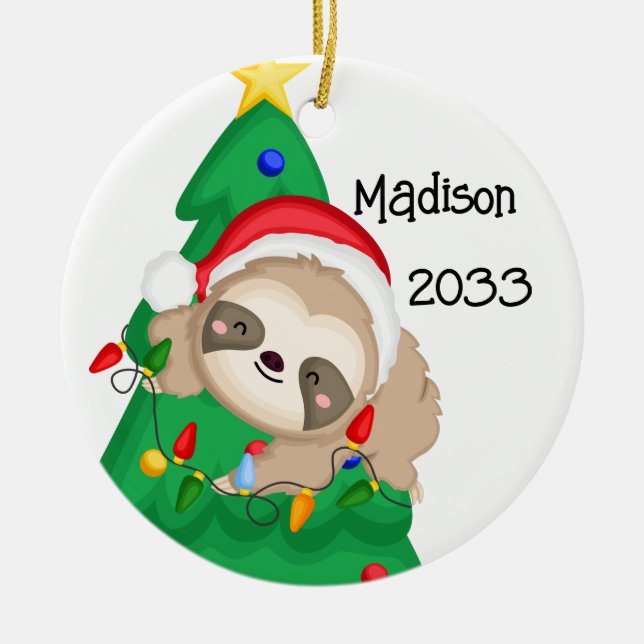 Personalized Merry Christmas Sloth Tree Ceramic Ornament (Front)