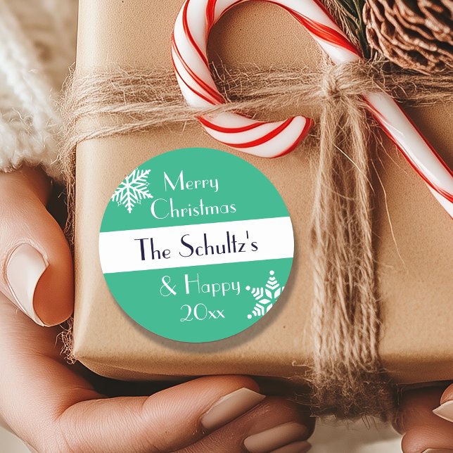 Personalized Merry Christmas Snowflake Classic Round Sticker (Creator Uploaded)