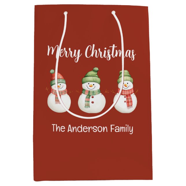 Personalized Merry Christmas Snowmen Medium Gift Bag (Front)