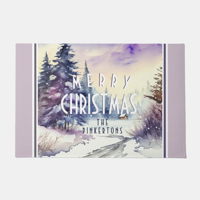 Personalized Merry Christmas snowy scene lilac Doormat (Front)