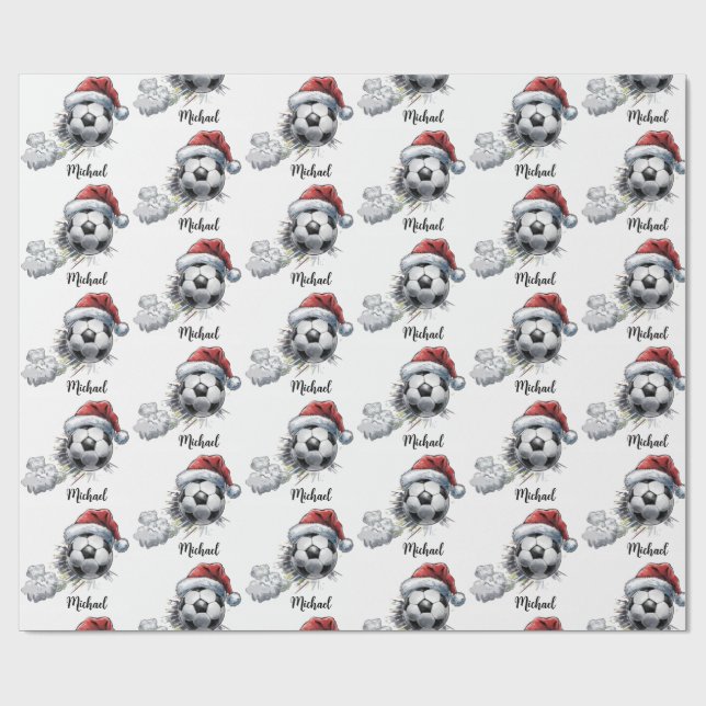Personalized Merry Christmas Soccer Ball Santa     Wrapping Paper (Flat)