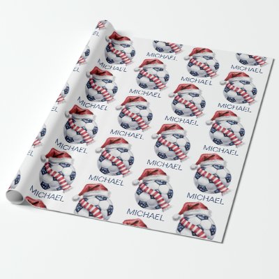 Personalized Merry Christmas Soccer Ball Santa     Wrapping Paper