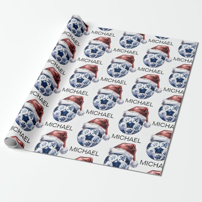 Personalized Merry Christmas Soccer Ball Santa     Wrapping Paper (Unrolled)