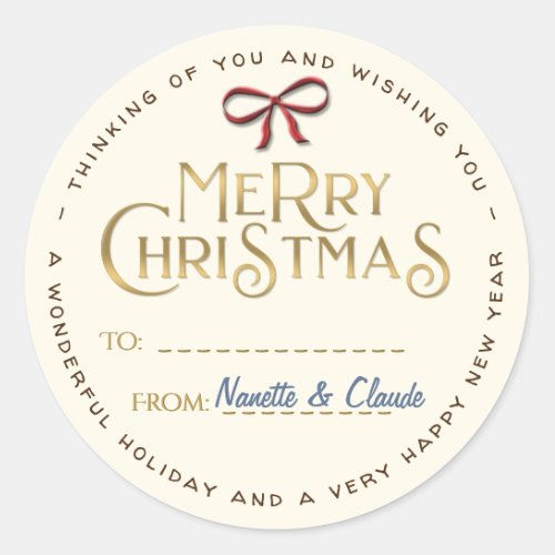 Personalized Merry Christmas Sticker with Red Bow