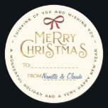 Personalized Merry Christmas Sticker with Red Bow<br><div class="desc">This dainty label with a red bow is adorned with a holiday message border and Merry Christmas written in an elegant metallic gold font. These look great on all your gifts and envelopes. Message is editable.</div>