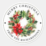 Personalized, Merry Christmas Traditional Wreath  Classic Round Sticker