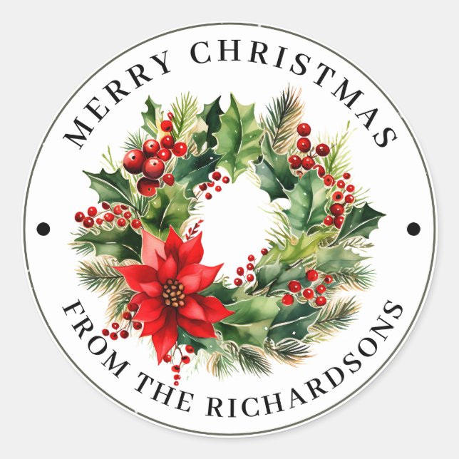 Personalized, Merry Christmas Traditional Wreath  Classic Round Sticker (Front)
