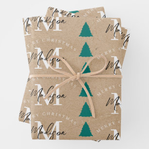 Personalized Merry Christmas Tree Kraft Monogram Wrapping Paper Sheets