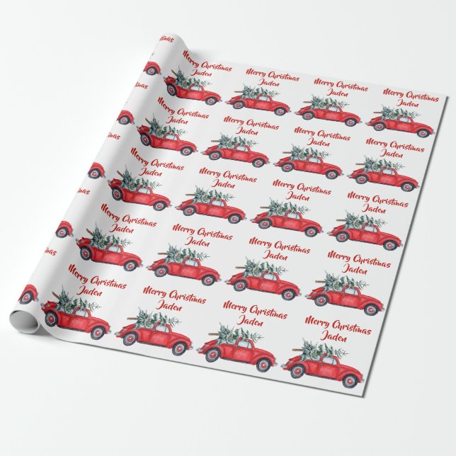 Personalized  Merry Christmas Tree Red Farm Truck Wrapping Paper (Unrolled)
