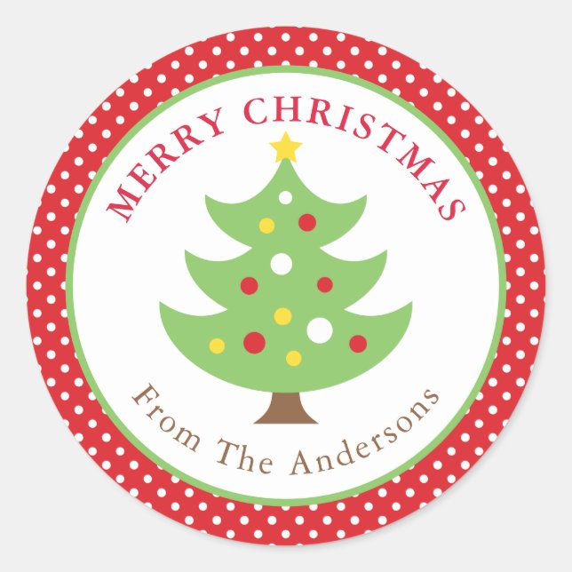 Personalized Merry Christmas Tree Round Sticker (Front)
