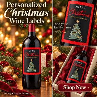 Personalized Merry Christmas Tree Wine Label