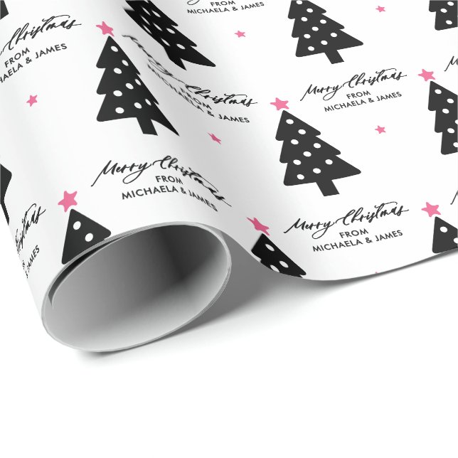 Personalized Merry Christmas Trees & Stars Holiday Wrapping Paper (Roll Corner)