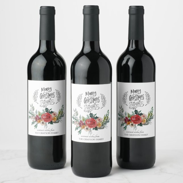 Personalized Merry Christmas Typography Floral Wine Label (Bottles)