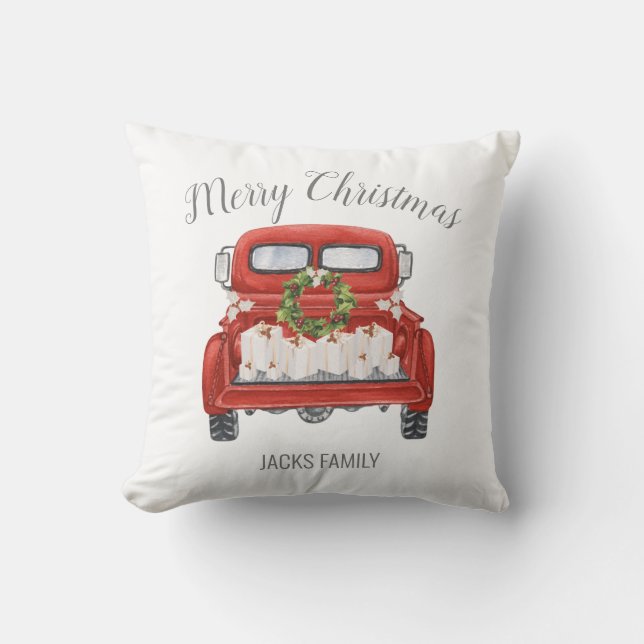 Personalized Merry Christmas Vintage Red Truck Throw Pillow (Front)