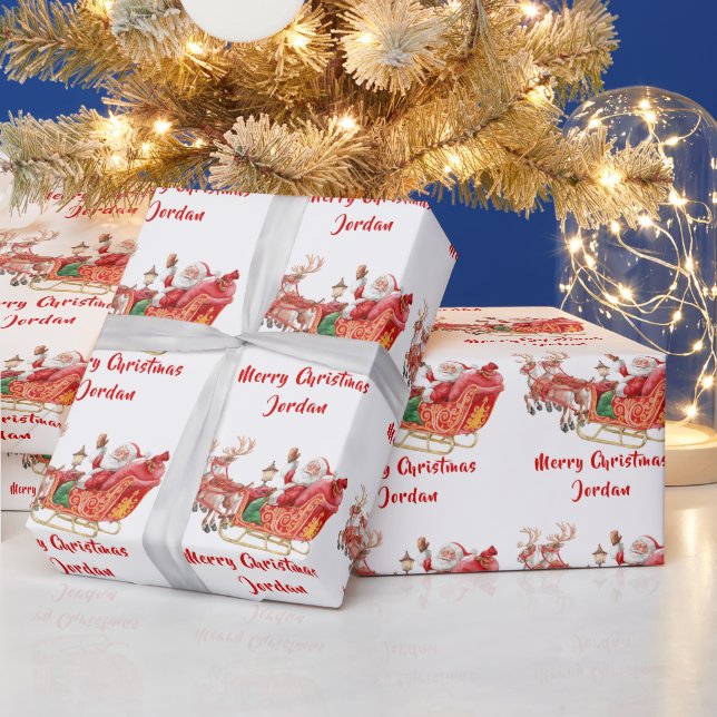 Personalized  Merry Christmas Watercolor Santa Wrapping Paper (Holidays)
