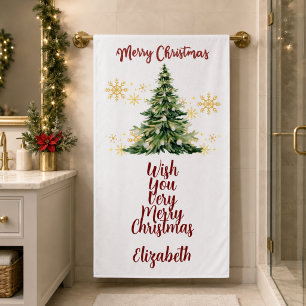 Personalized Merry Christmas Watercolor Tree Bath Towel