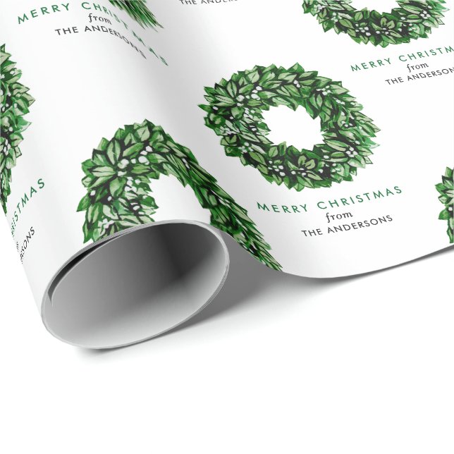 Personalized Merry Christmas Watercolor Wreath Wrapping Paper (Roll Corner)