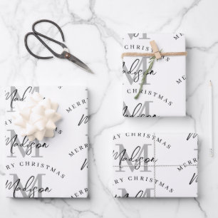 Personalized Merry Christmas White Monogram Wrapping Paper Sheets