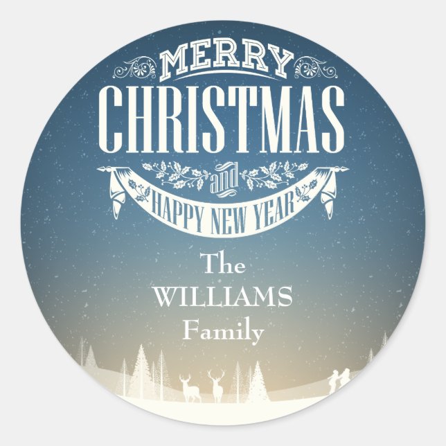 Personalized Merry Christmas Winter Snow Scene Classic Round Sticker (Front)