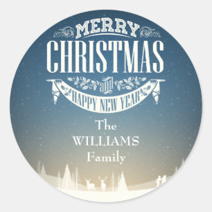 Personalized Merry Christmas Winter Snow Scene Classic Round Sticker