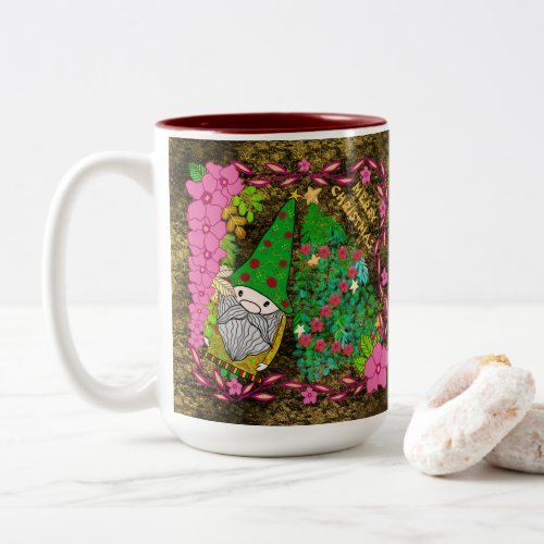 PERSONALIZED MERRY CHRISTMAS WITH GNOME XMAS TREE Two_Tone COFFEE MUG