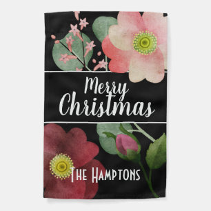 Personalized Merry Christmas with Large Flowers Garden Flag