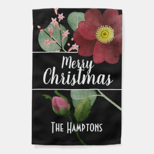 Personalized Merry Christmas with Large Red Flower Garden Flag