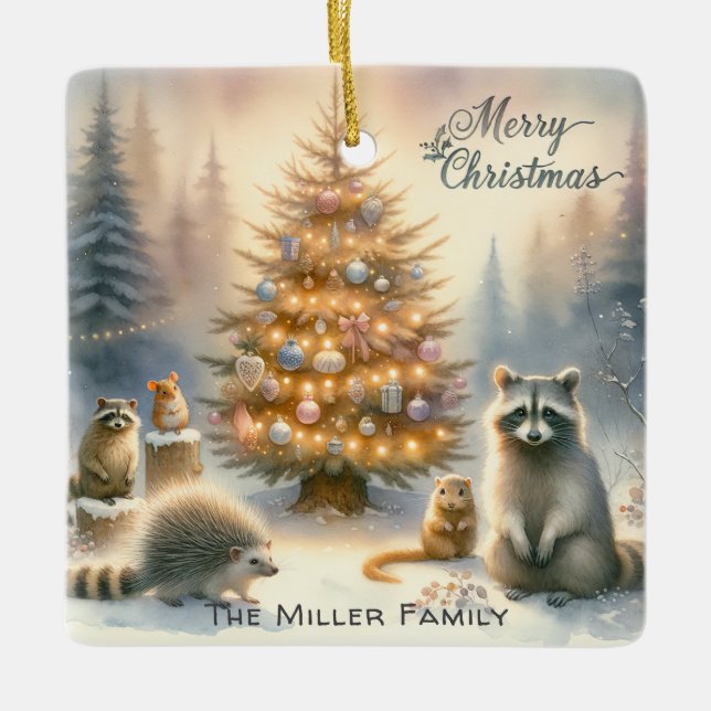 Personalized Merry Christmas Woodland Animals  Ceramic Ornament (Front)